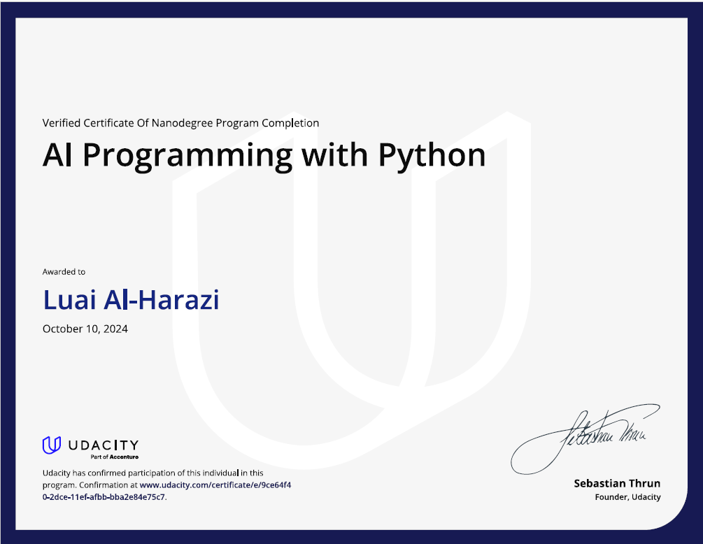 Udacity AI Programming with Python certificate